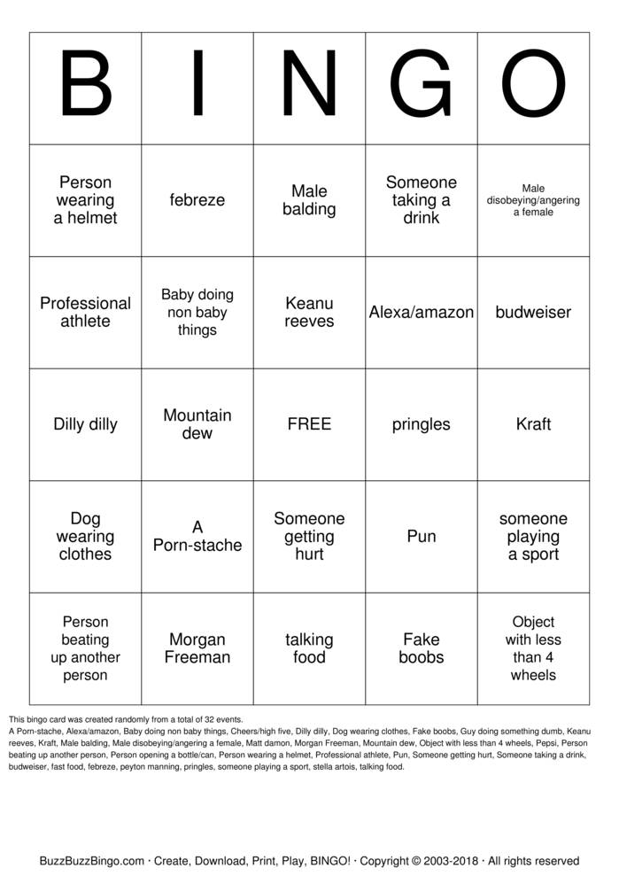 2018 Superbowl Commercials Bingo Cards to Download, Print and Customize!
