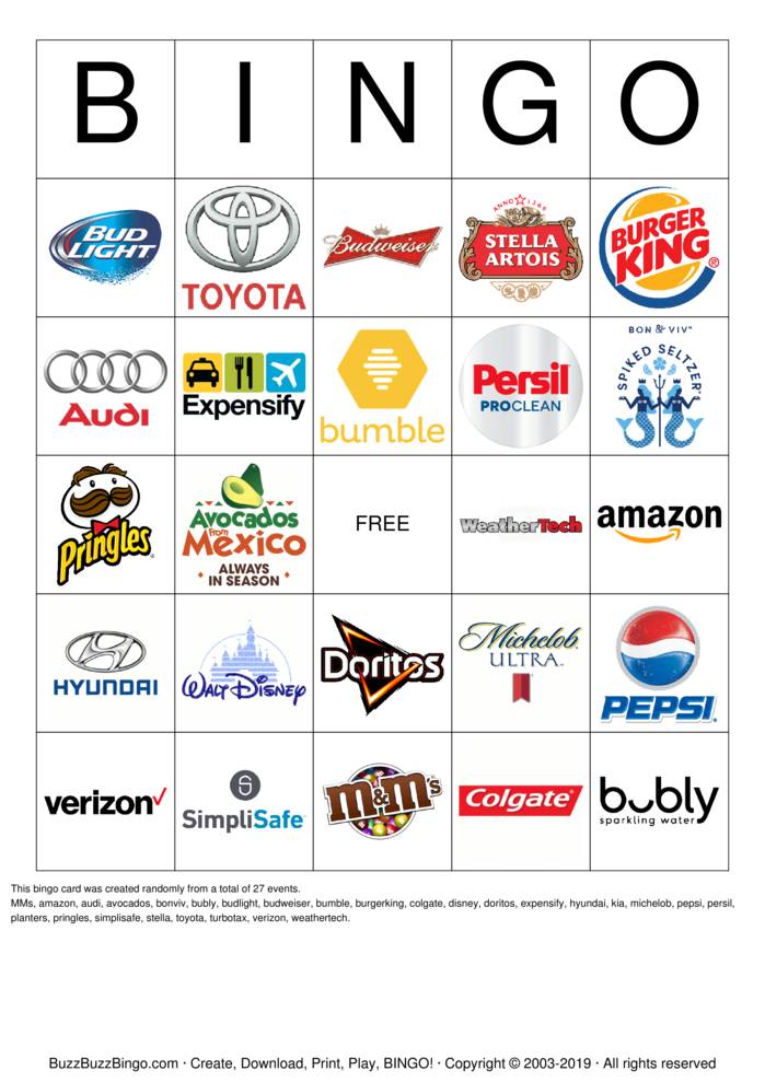 2019 Superbowl Commercial Logos Bingo Cards to Download, Print and ...
