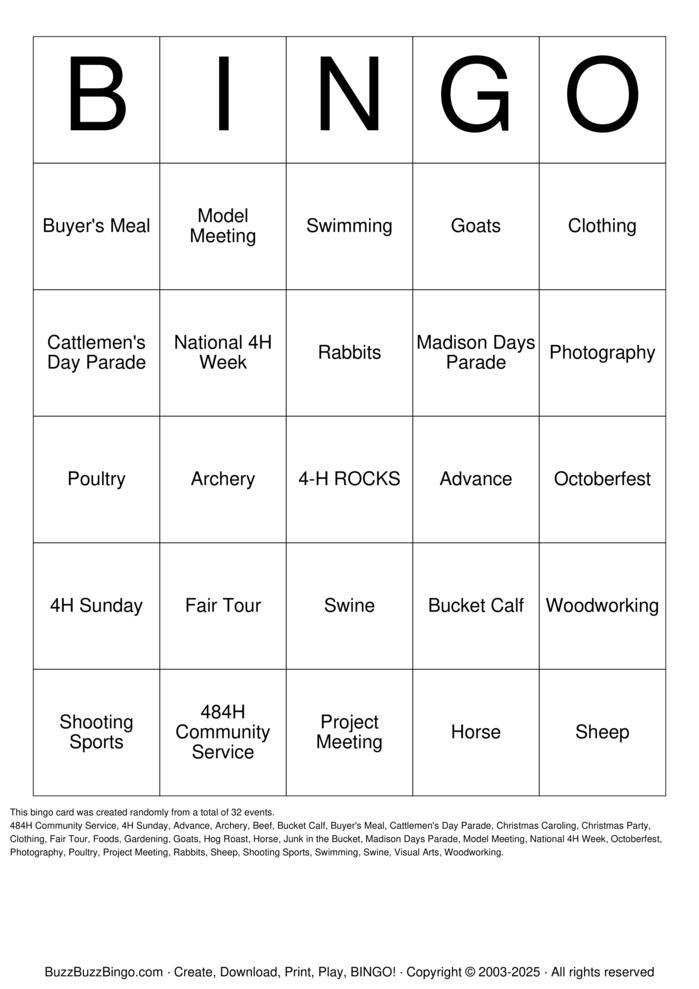 Download Free 4H Bingo Bingo Cards