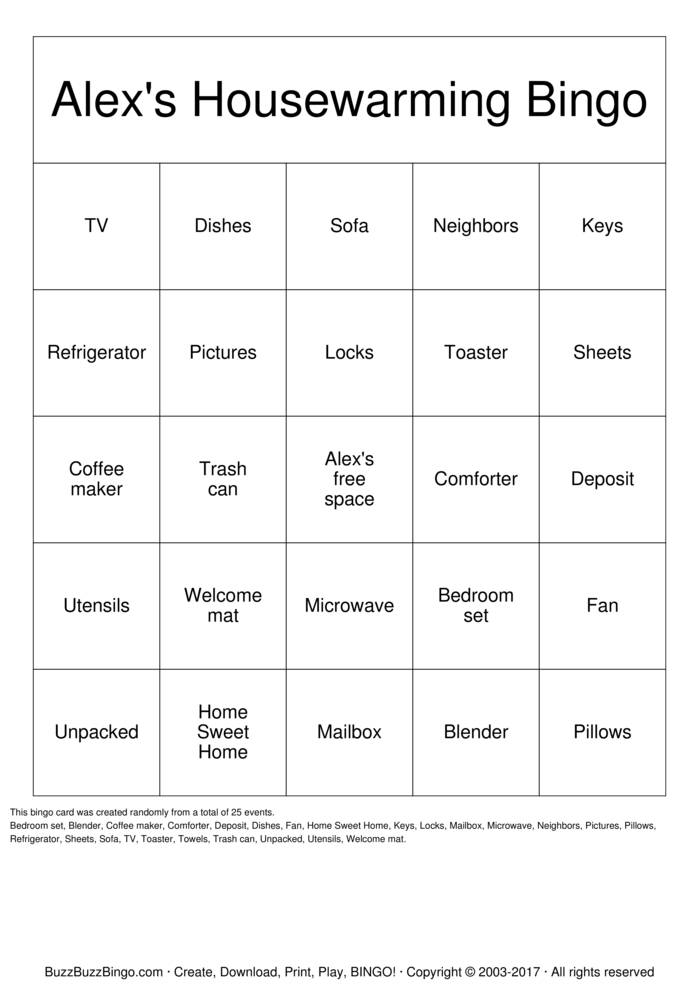 Alex's Housewarming Bingo Cards to Download, Print and Customize!