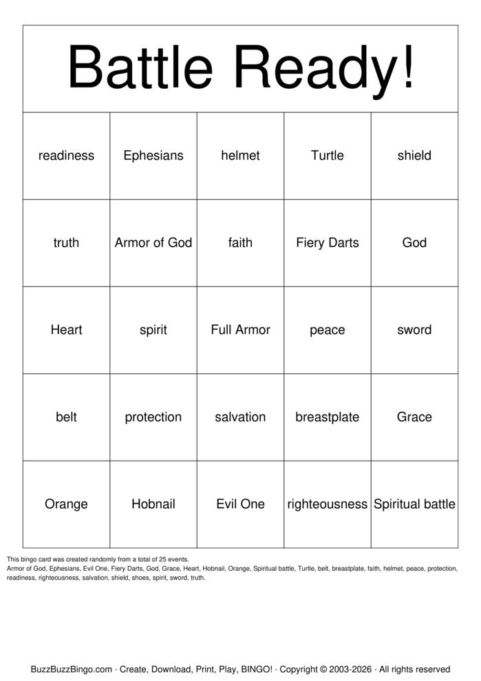 Download Free Armor of God Bingo Cards