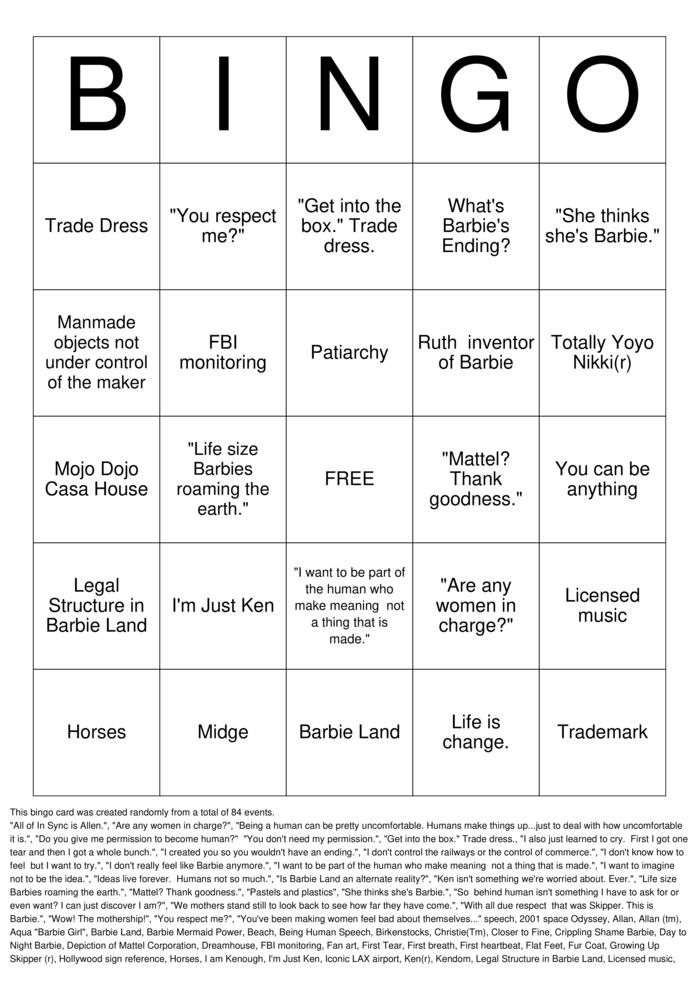 Download Free Barbie Movie Bingo Cards