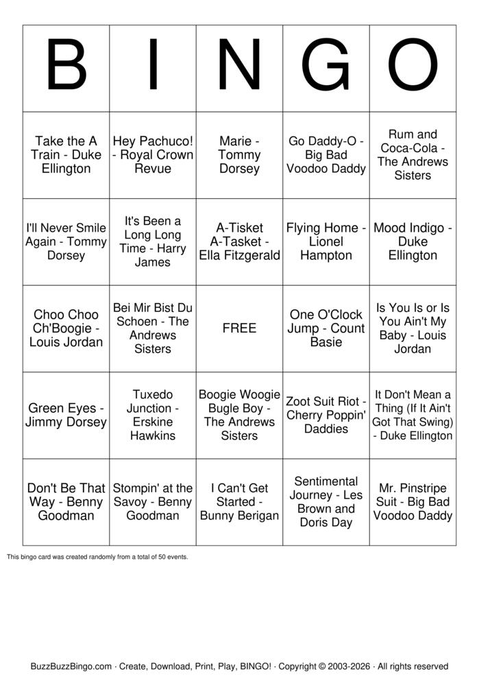 Download Free Big Band & Swing Top 50 Bingo Cards Download Free Big Band & Swing Top 50 Bingo Cards