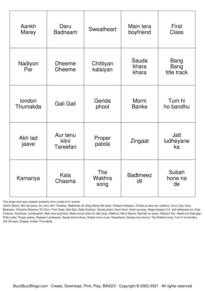 Download Free BollyWood Bingo Bingo Cards Download Free BollyWood Bingo Bingo Cards