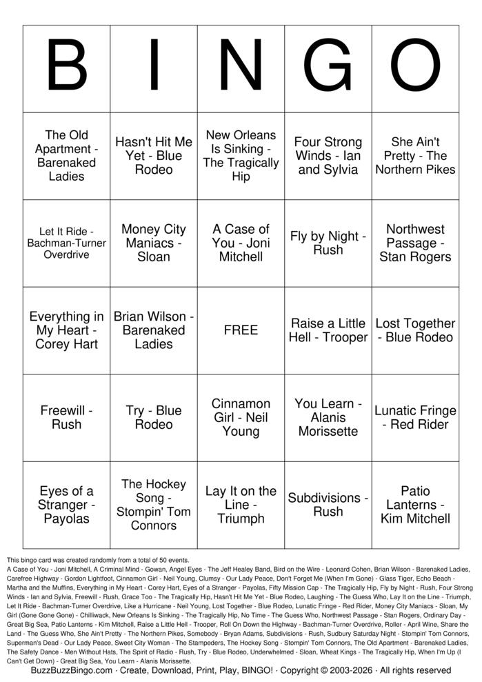 Download Free Canadian Classics Top 50 Bingo Cards Download Free Canadian Classics Top 50 Bingo Cards