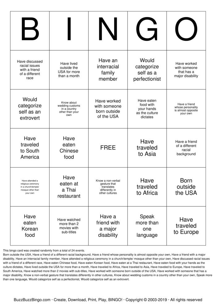 Download Free Cultural Diversity Bingo Cards Download Free Cultural Diversity Bingo Cards