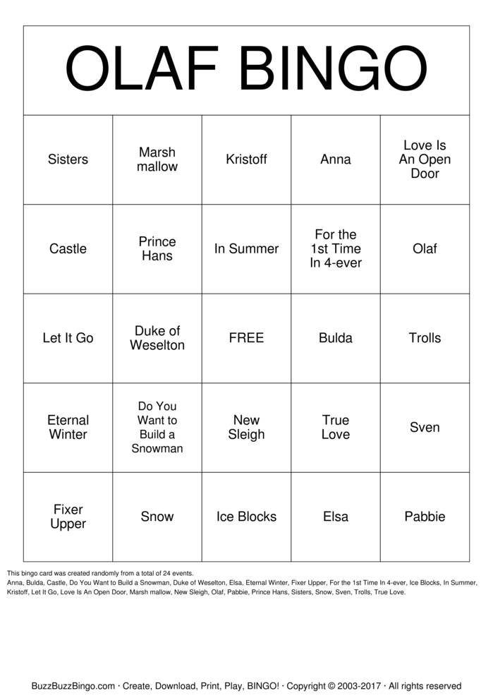 Download Free FROZEN Bingo Cards
