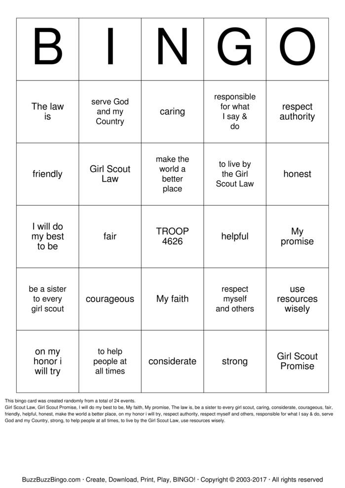 Download Free GS Law & Promise Bingo Cards