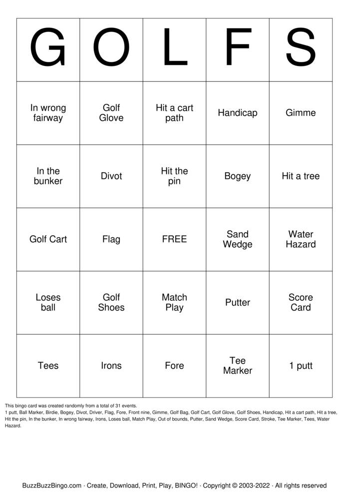 Download Free Golf Bingo Cards Download Free Golf Bingo Cards