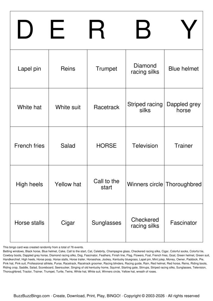 Download Free Kentucky Derby Bingo Cards