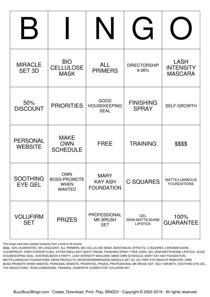 Download Free MARY KAY PARTY Bingo Cards Download Free MARY KAY PARTY Bingo Cards