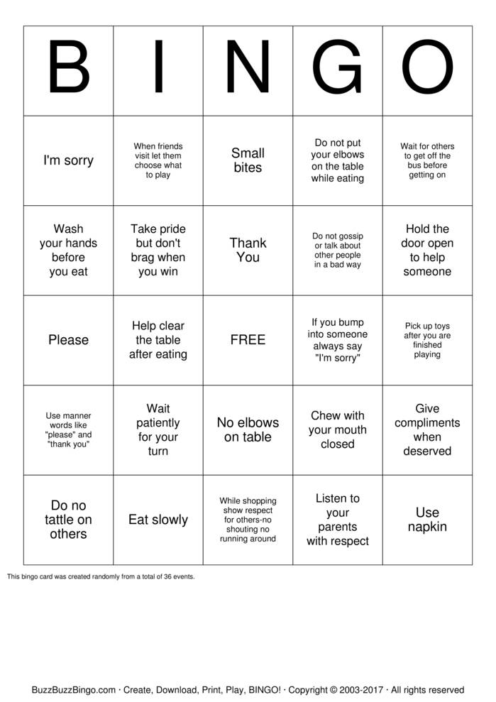 Manners Bingo Cards to Download, Print and Customize!