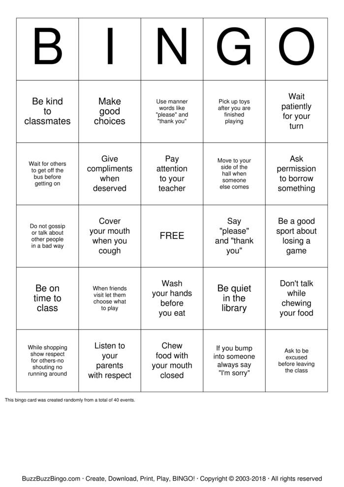 Manners Bingo Cards to Download, Print and Customize!
