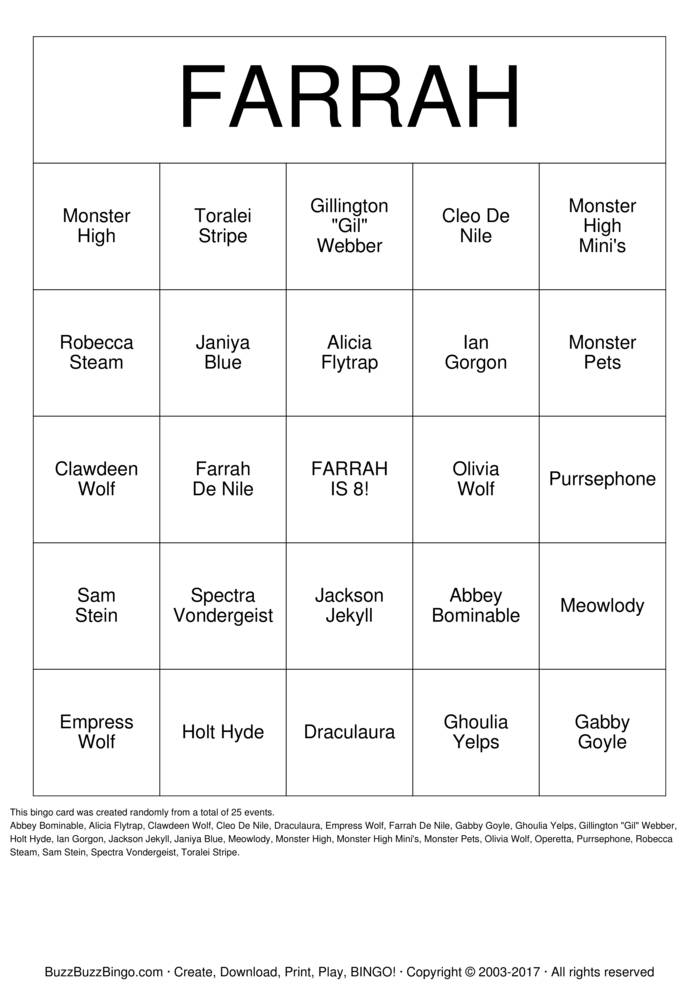 Monster High Bingo Cards to Download, Print and Customize!