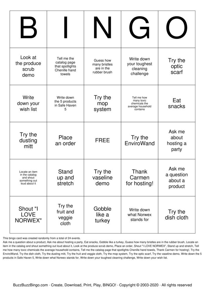 Download Free NORWEX BINGO Bingo Cards