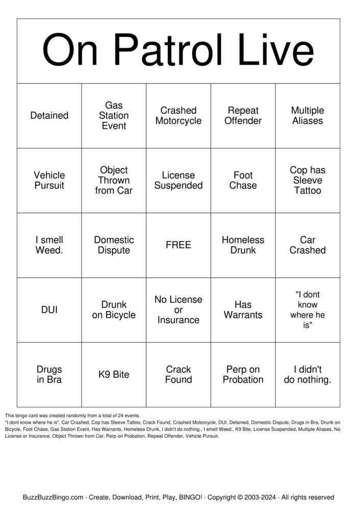 On Patrol Live Bingo Cards to Download, Print and Customize!