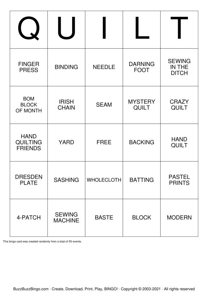 Quilting Bingo Bingo Cards to Download, Print and Customize!