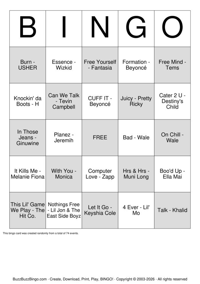 Download Free R&B Music Bingo Cards