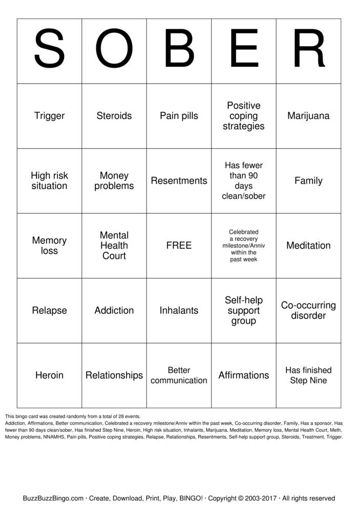 Download Free Recovery Bingo Cards Download Free Recovery Bingo Cards