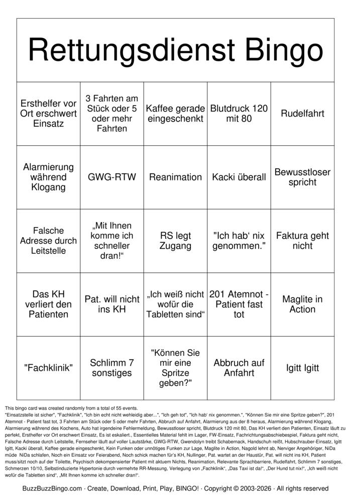 Download Free Rettungsdienst Bingo Bingo Cards