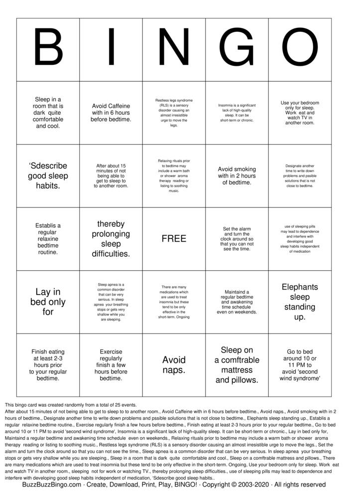 Download Free Sleep BINGO Bingo Cards Download Free Sleep BINGO Bingo Cards