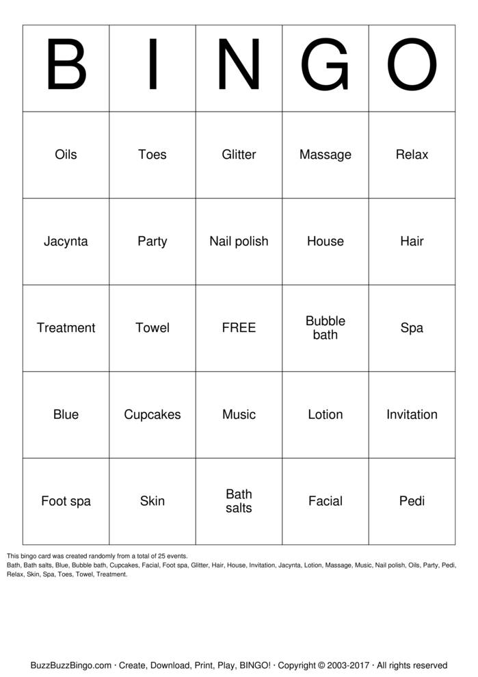 Spa Party Bingo Cards to Download, Print and Customize!