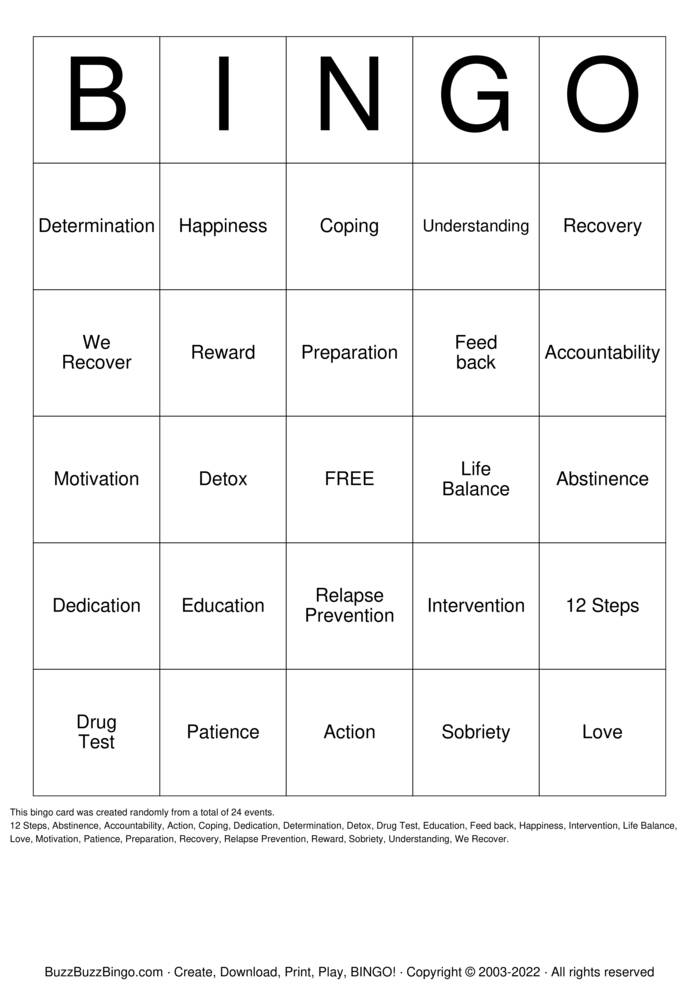 Substance Abuse Recovery Bingo Cards to Download, Print and Customize!