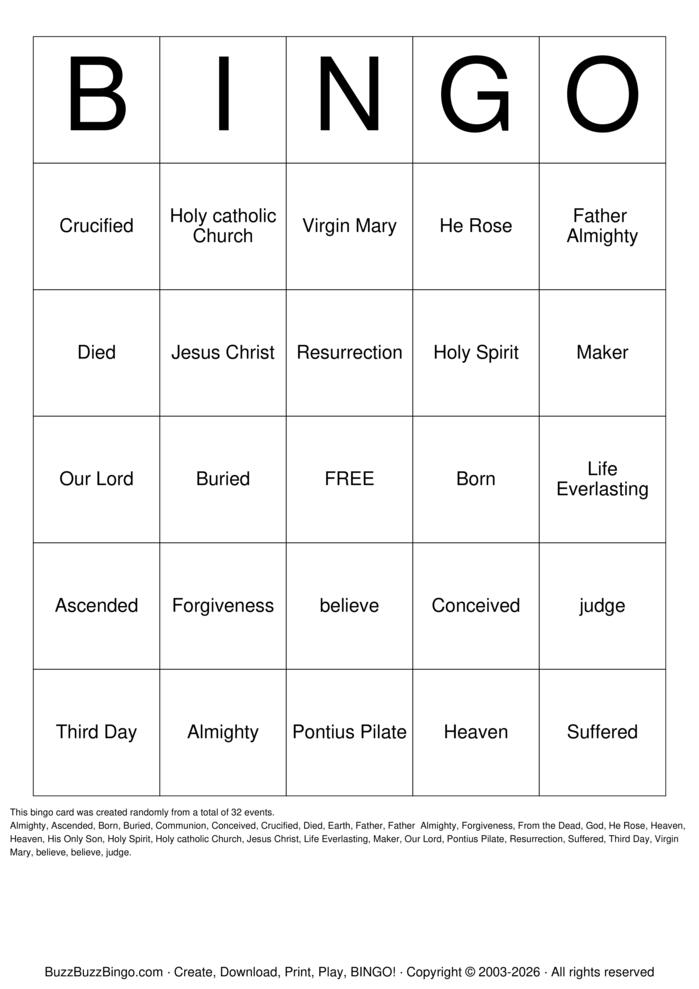 Download Free THE APOSTLES' CREED Bingo Cards