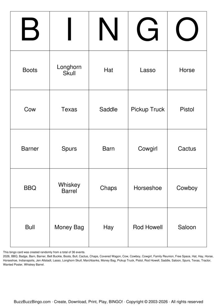Download Free WESTERN Bingo Cards