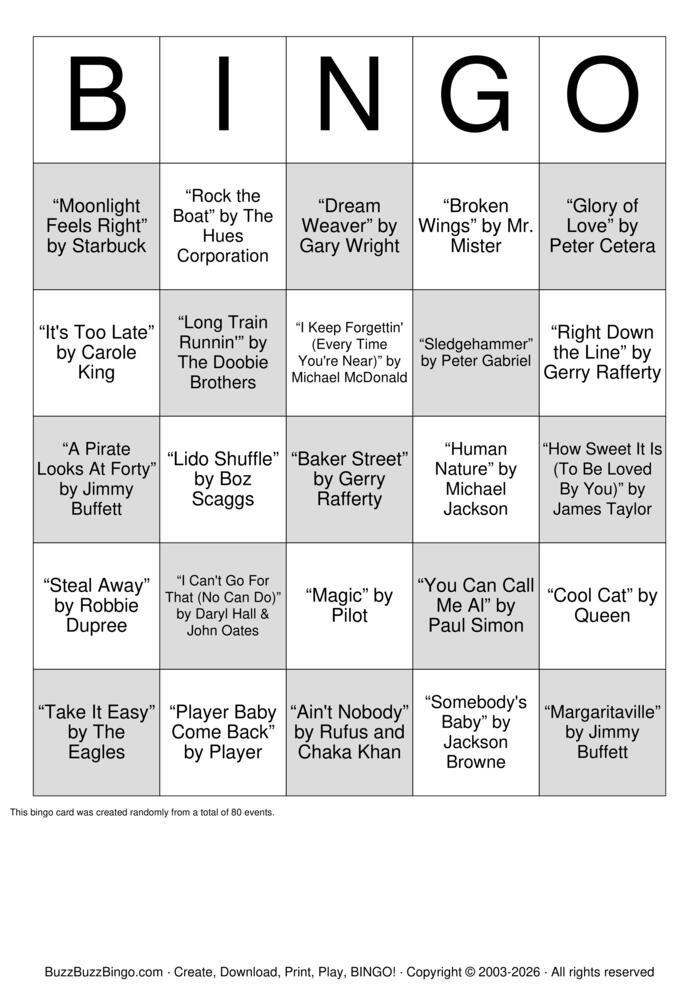 Download Free Yacht Rock Music Bingo Bingo Cards