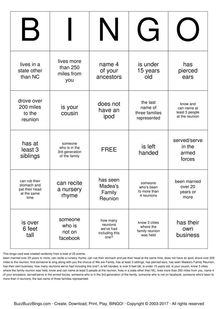 ZUNIGA Family Reunion Bingo Cards to Download, Print and Customize!