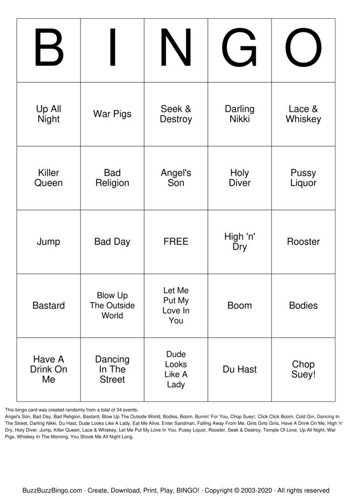 classic rock Bingo Cards to Download, Print and Customize!