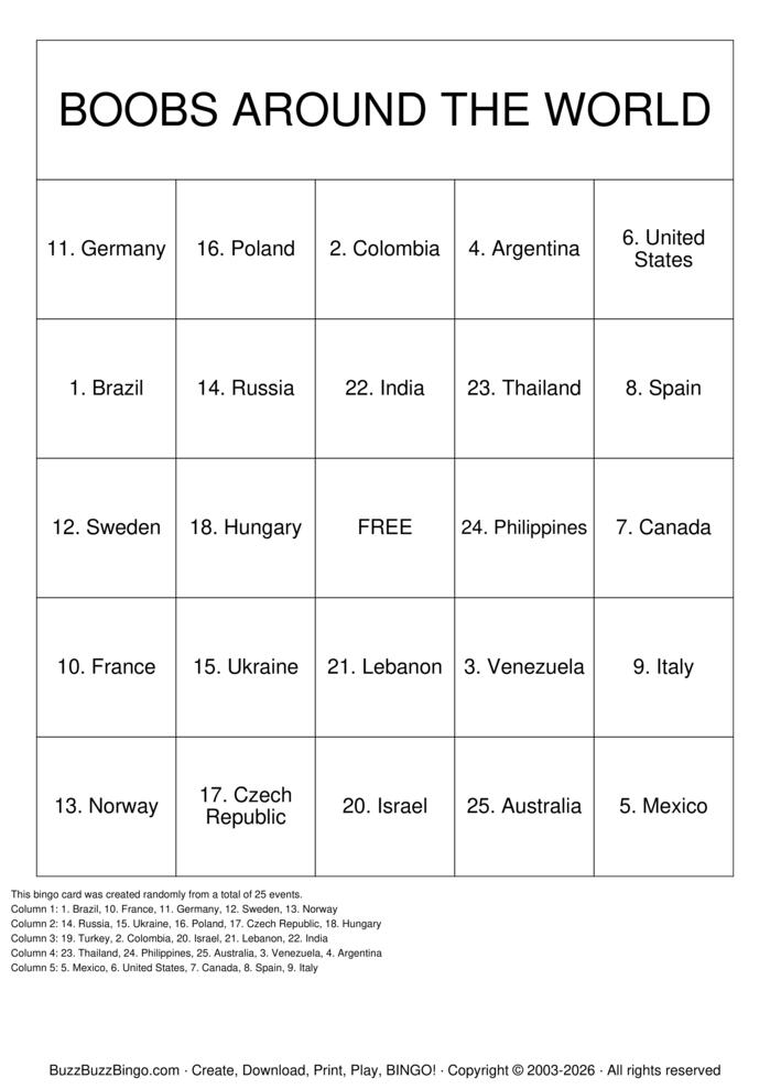Download Free Boobs around the world Bingo Cards