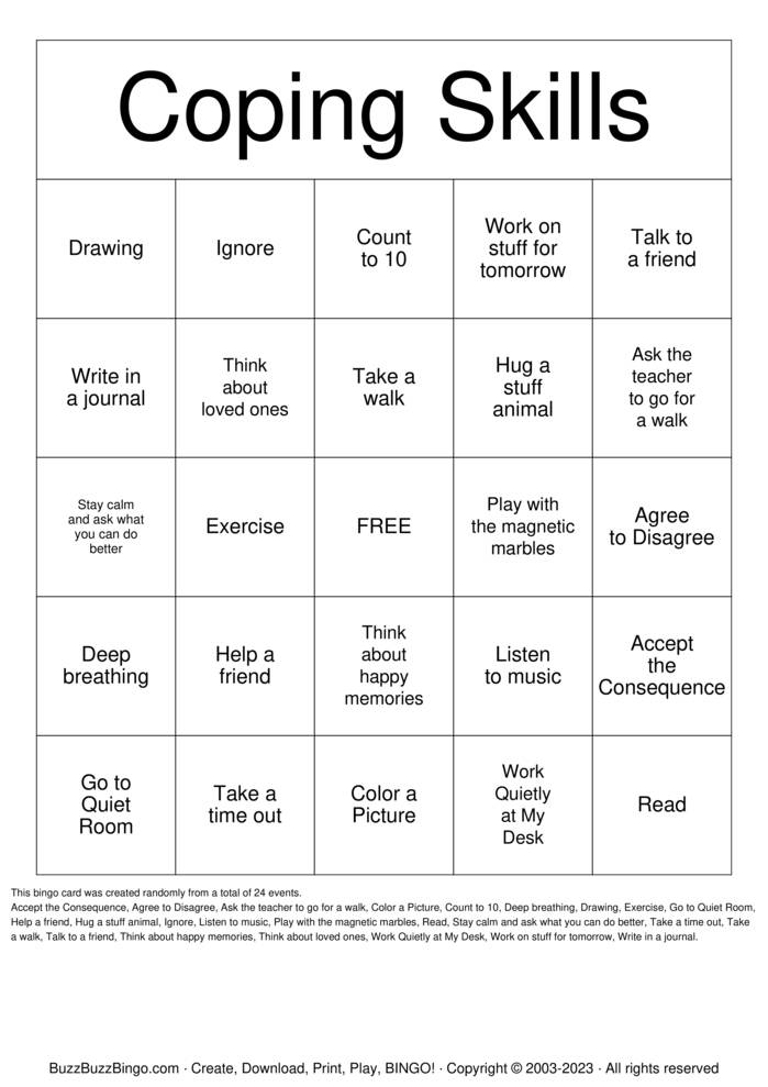 Download Free Coping Skills Bingo Cards