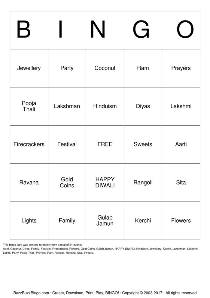 DIWALI BINGO FOR KIDS Bingo Cards to Download, Print and Customize!