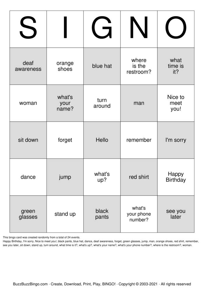 Deaf Bingo - SIGN-0 Bingo Cards to Download, Print and Customize!