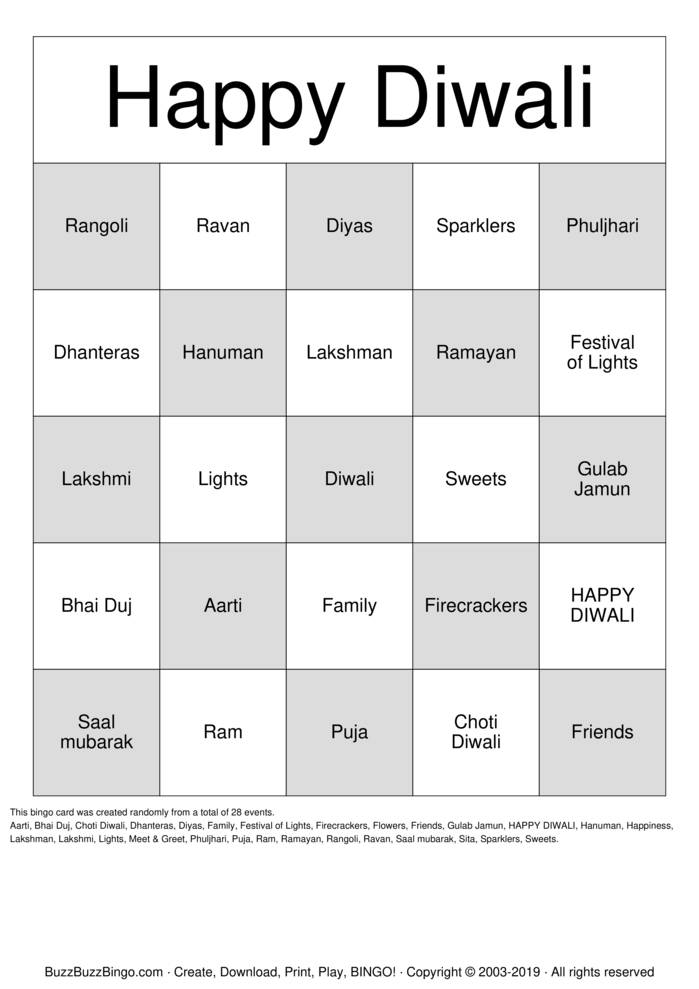 Diwali Party Bingo Cards to Download, Print and Customize!