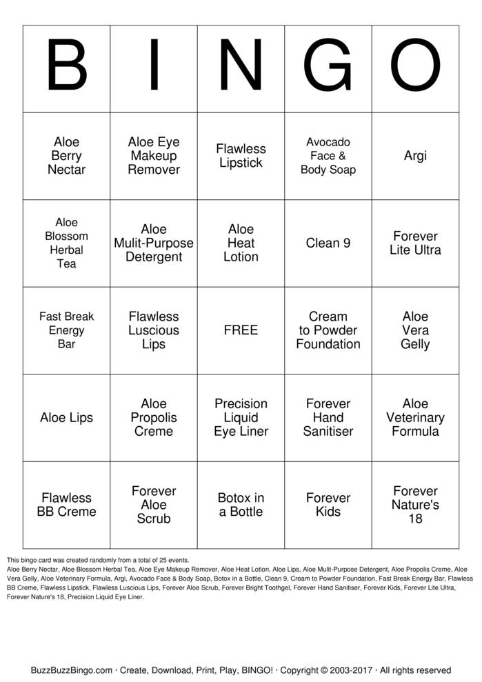Download Free Forever Living Products Bingo Cards