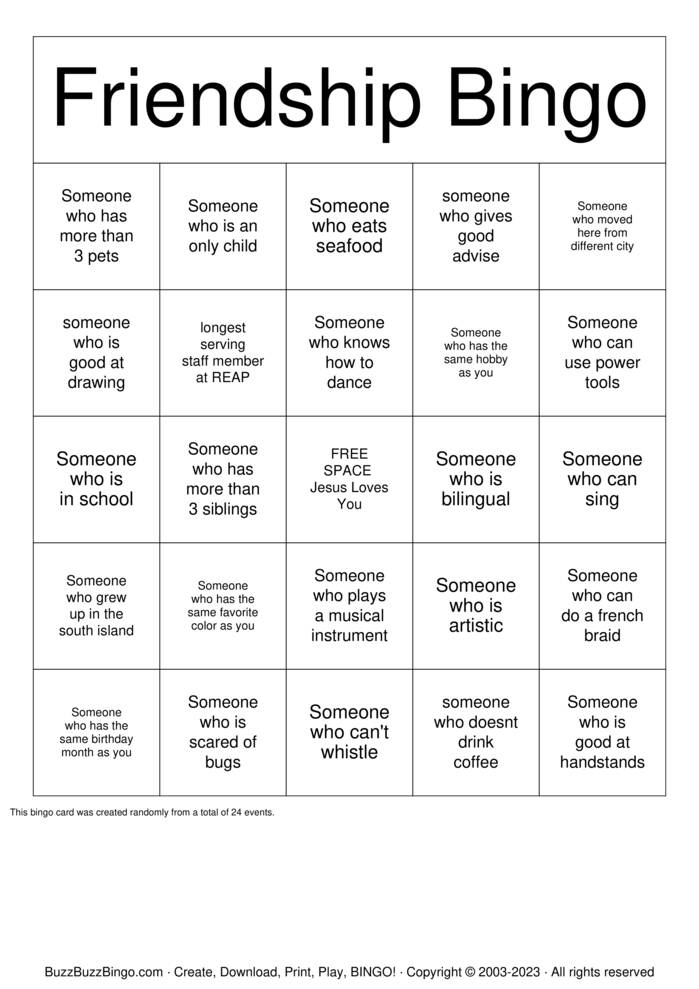 Download Free Friendship Bingo Bingo Cards Download Free Friendship Bingo Bingo Cards