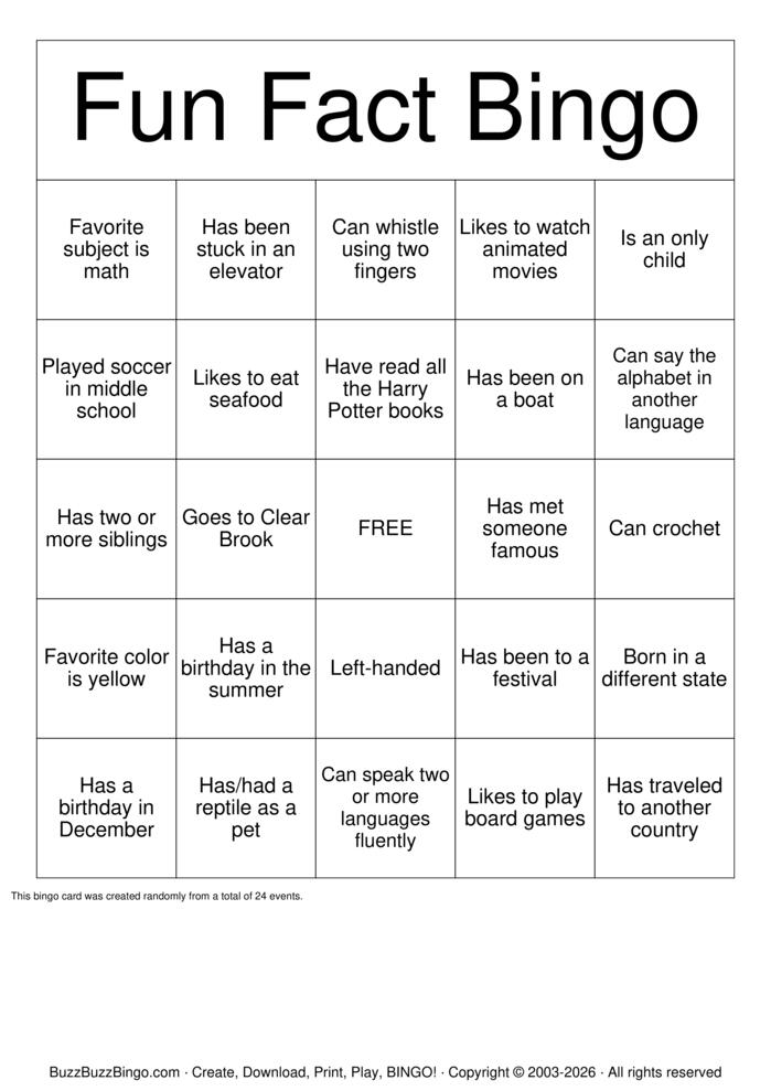 Download Free Fun Fact Bingo Bingo Cards