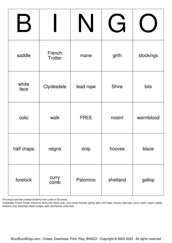 HORSE Bingo Cards to Download, Print and Customize!