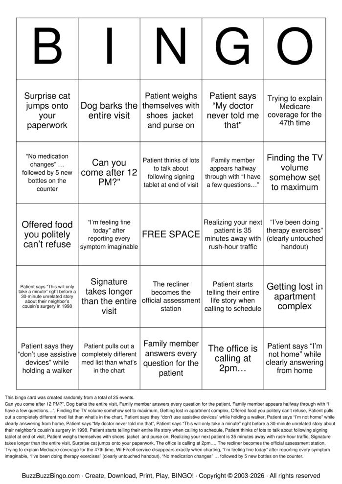Download Free Home Health Bingo Cards