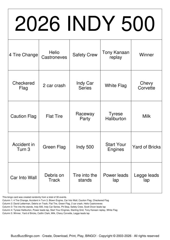 Download Free Indy 500 Bingo Cards