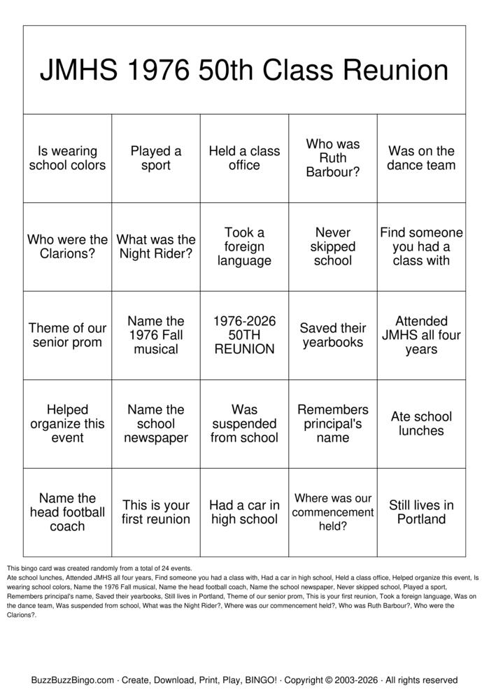 Download Free JMHS 1976 50th Class Reunion Bingo Cards Download Free JMHS 1976 50th Class Reunion Bingo Cards