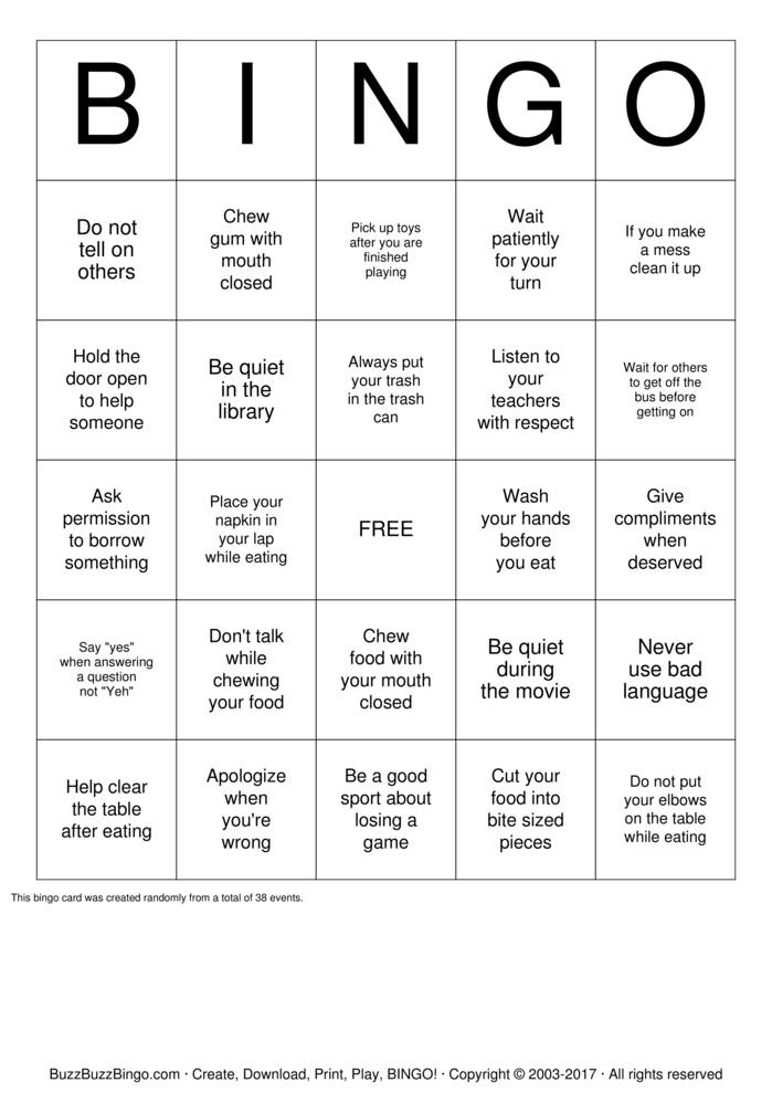 Manners Bingo Cards to Download, Print and Customize!