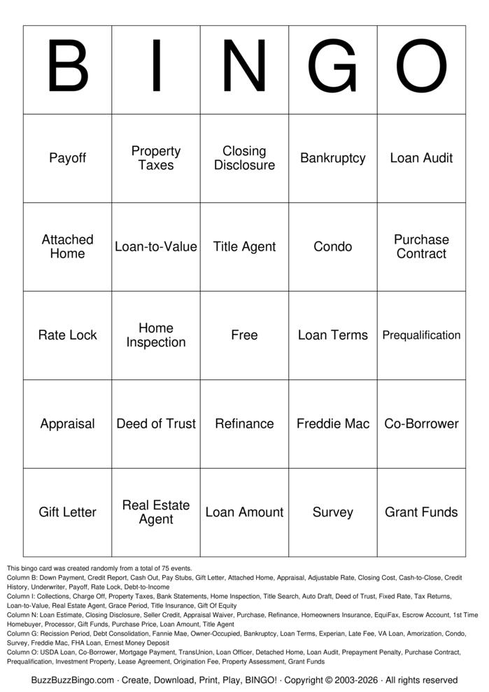 Download Free Mortgage Bingo Bingo Cards
