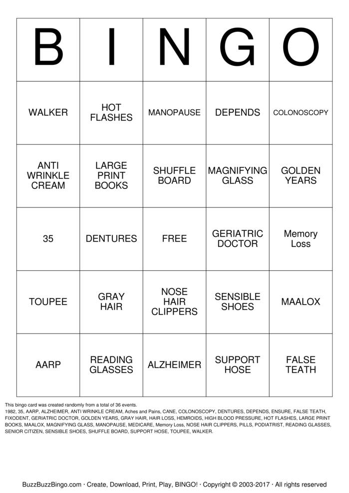 OVER THE HILL Bingo Cards to Download, Print and Customize!