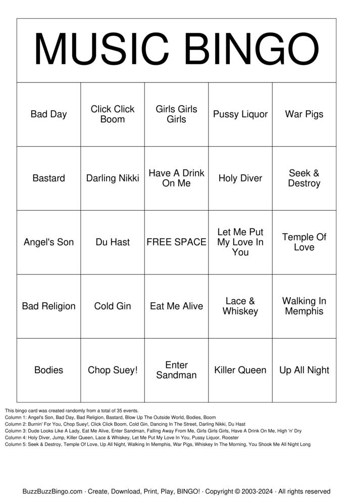Download Free Rock 'N' Roll Bingo Cards
