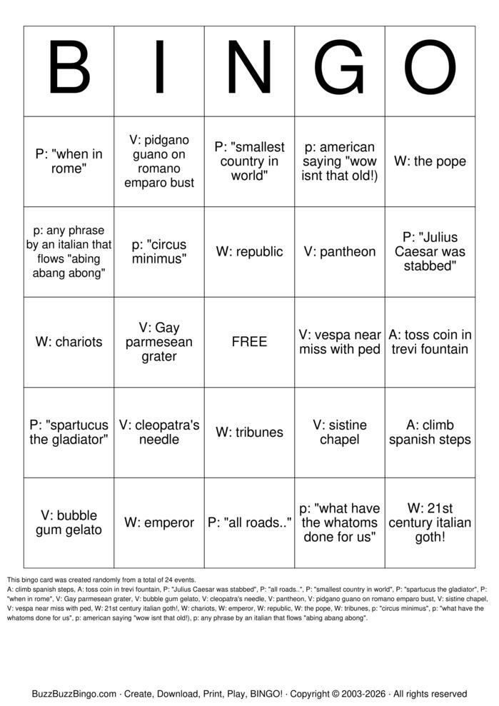 Download Free Rome Bingo Cards