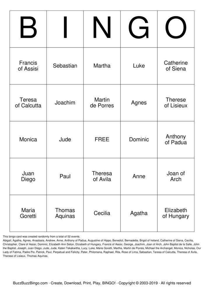 SAINT Bingo Cards to Download, Print and Customize!